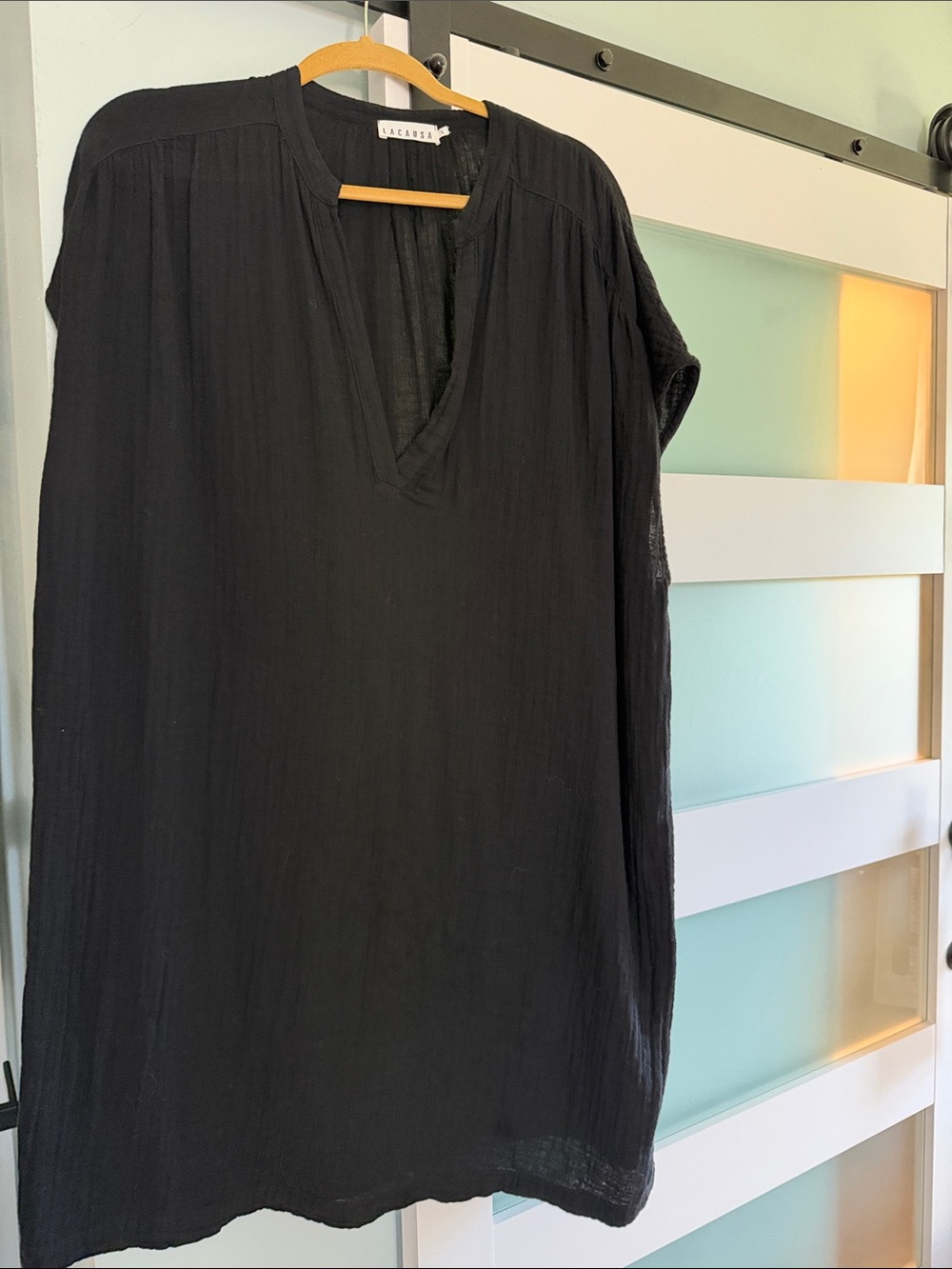 LACAUSA Black V-Neck Gauze Tunic Dress